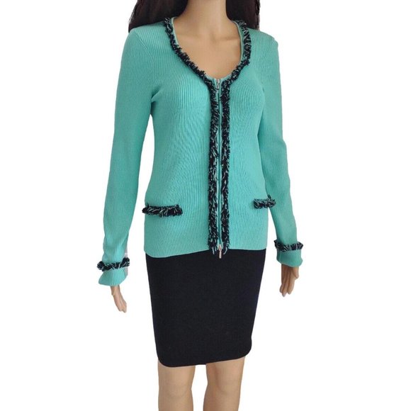 Cache Aqua Black Fringe Ribbed Zip Cardigan Sweater 6 S M - Picture 3 of 9